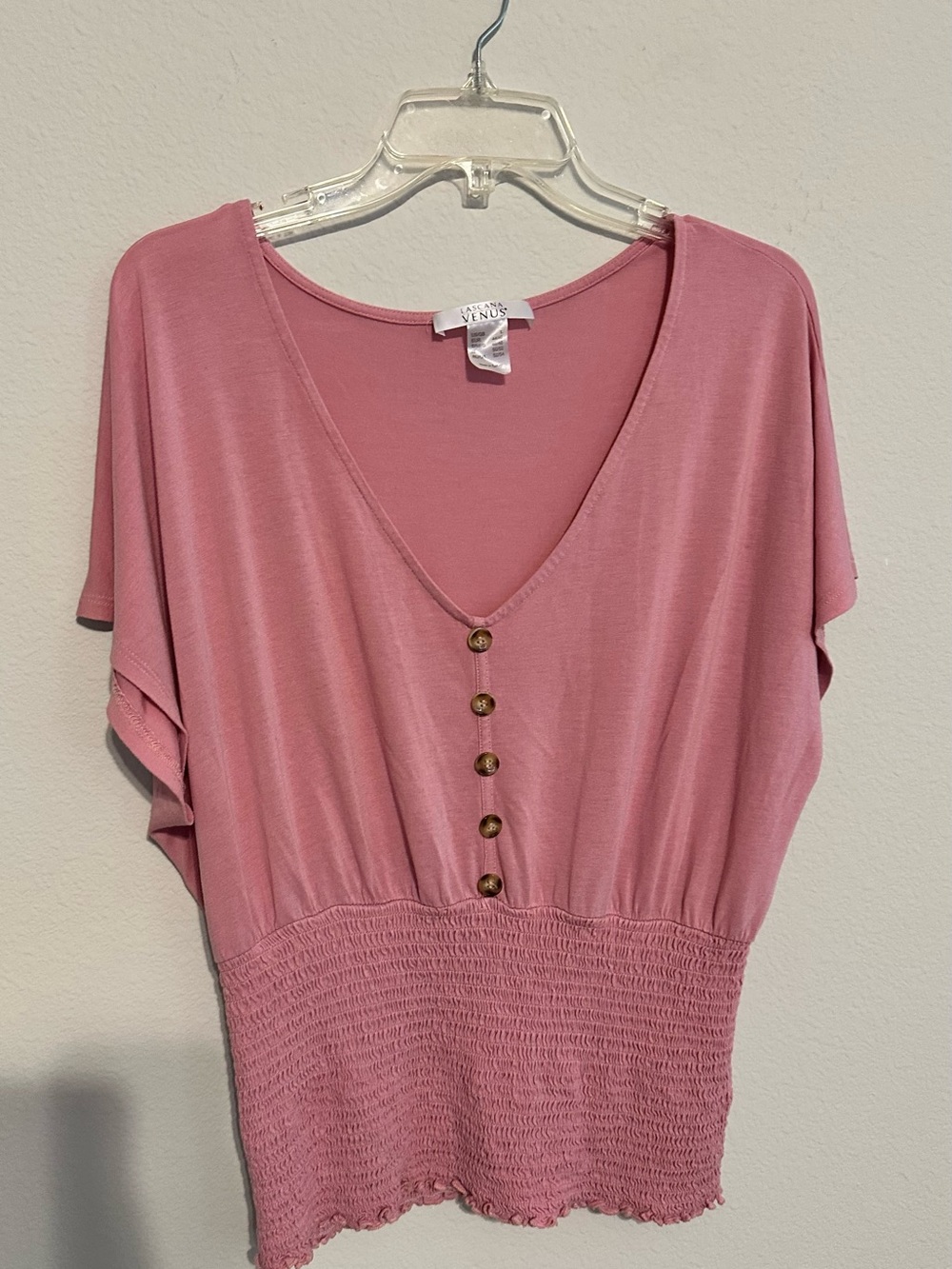 Venus Dusty Rose V-Neck Button Front Smocked Waist Top